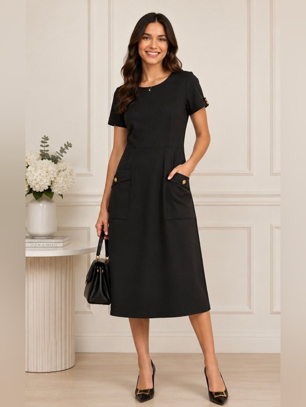 NWT - Ponte Knit Structured Black A-line Sheath Midi Dress - Size XL